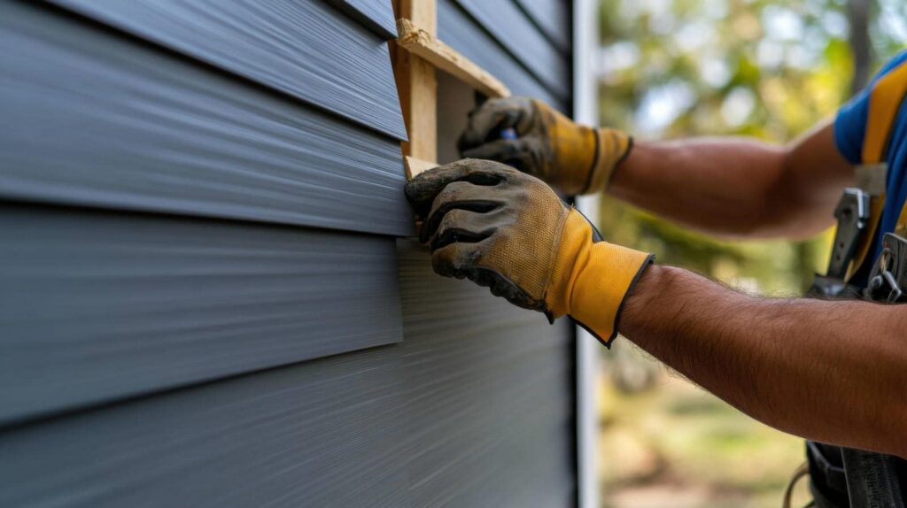 Worker wearing gloves installing gray vinyl siding on a house exterior.