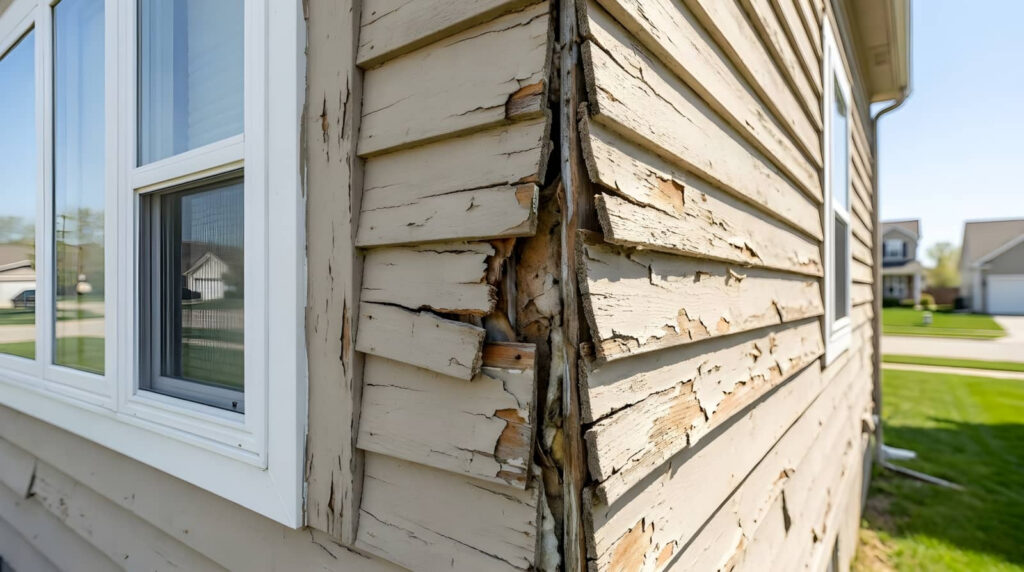 Damaged house siding with severe wood rot near a window.