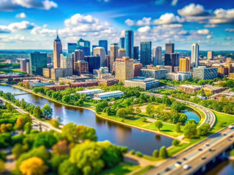 City skyline with tall buildings, a river, and green parkland under a blue sky with clouds.