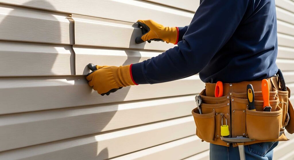 Worker wearing gloves installing beige vinyl siding on a house exterior.
