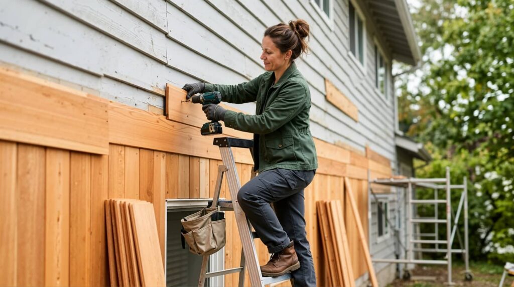 Woman on a ladder using a drill to install wooden siding on a house exterior.