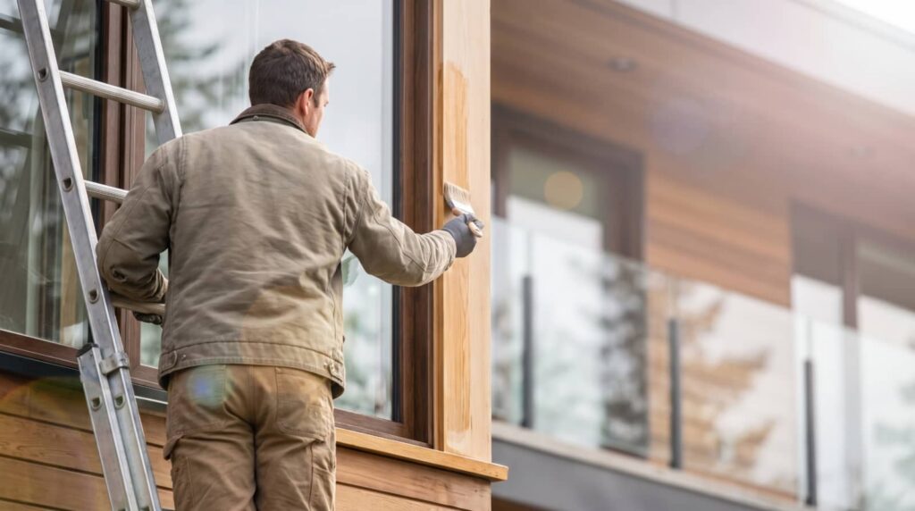 Man standing on a ladder painting a wooden window frame on a house exterior.