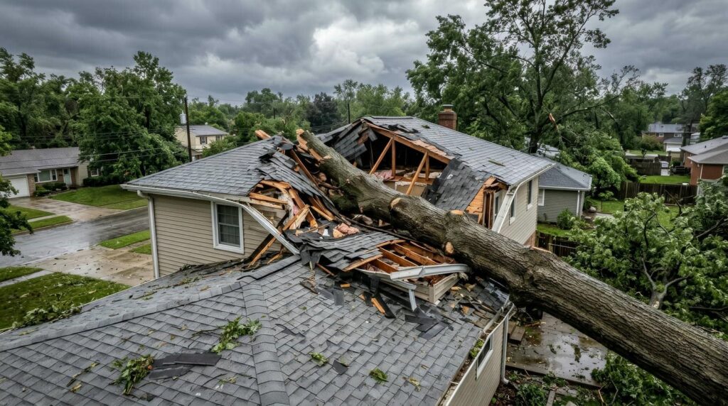 A large tree has fallen through the roof of a house, causing extensive damage.