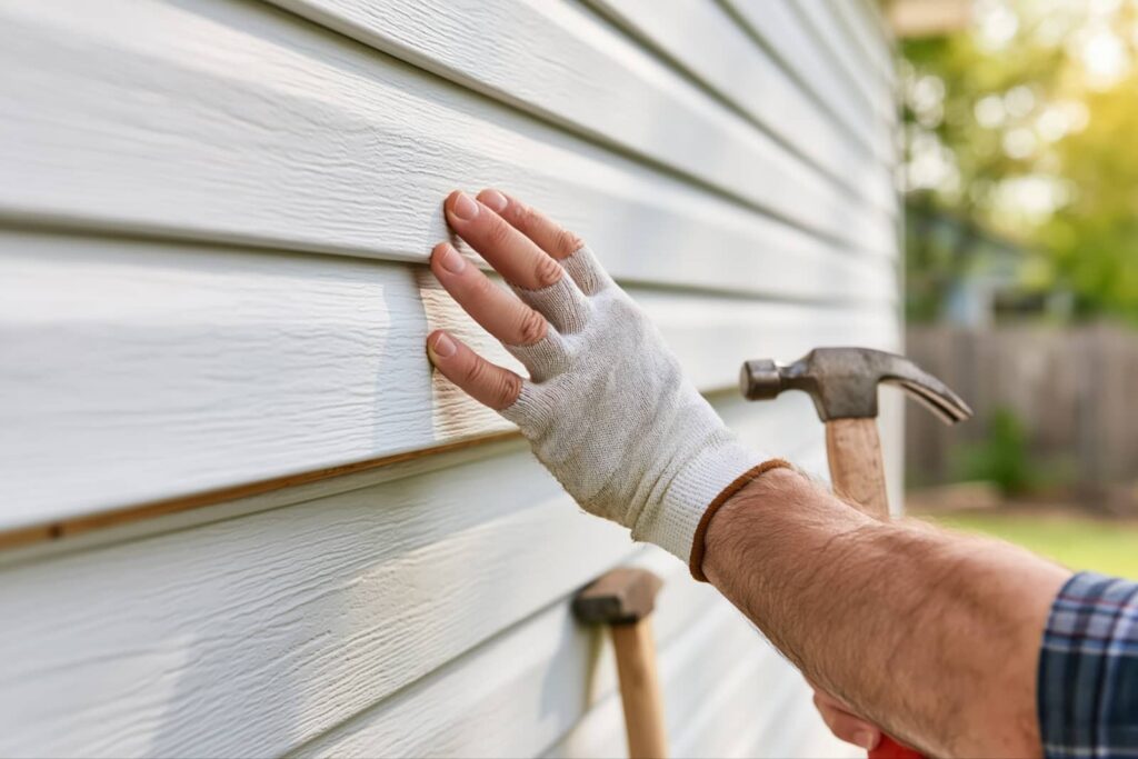 Hand wearing a glove pressing white siding on a house with a hammer in the other hand.