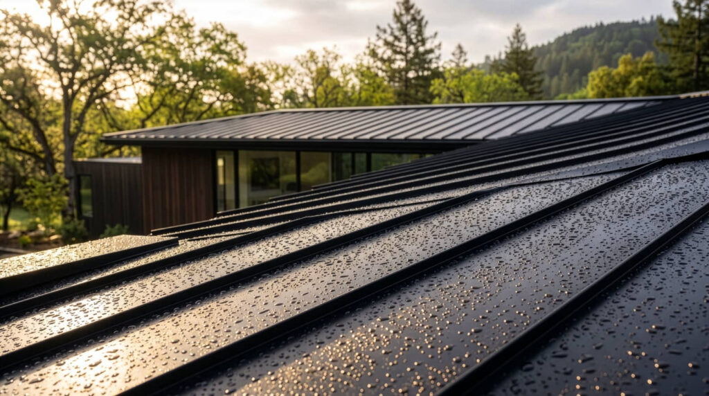 Rain-soaked black metal roof on a modern house with trees and hills behind.