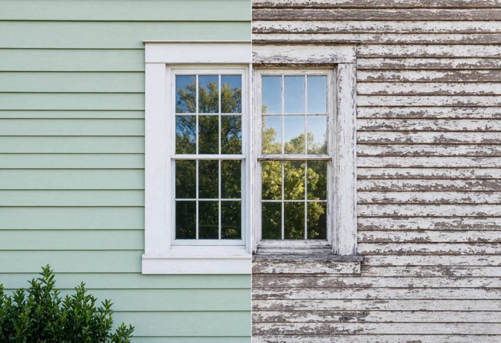 Split view of a house wall with new and weathered windows.