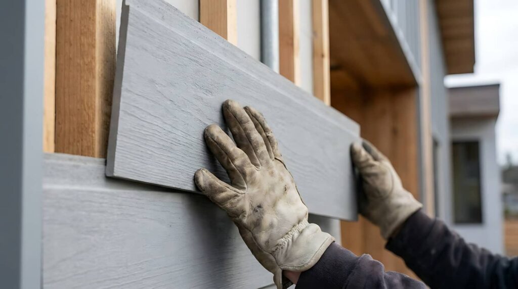 Hands wearing work gloves installing gray wooden siding on a building exterior.