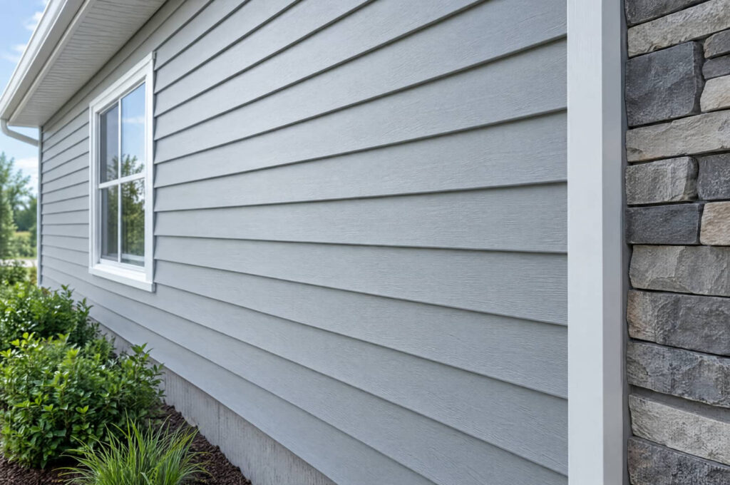 Gray house siding with a window and stone exterior corner.