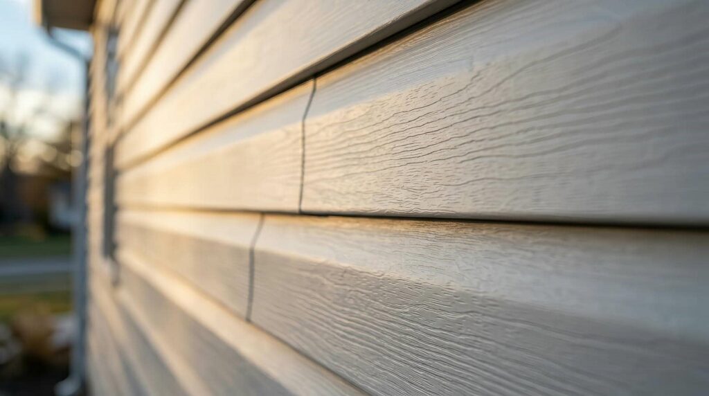 Close-up of beige vinyl siding on a house exterior with sunlight reflecting off the surface.