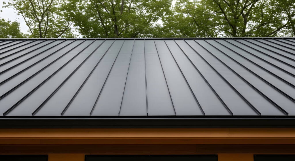 Modern metal roof with trees above.