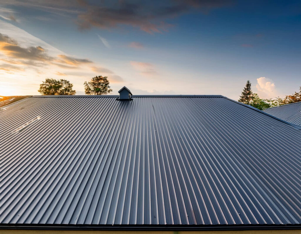 Metal roof at sunset with trees and sky in the background.