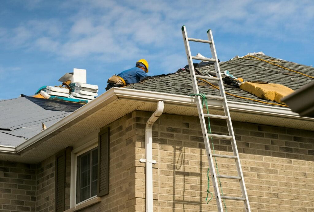 Construction worker in a yellow helmet repairing a roof with a ladder leaning against the house.