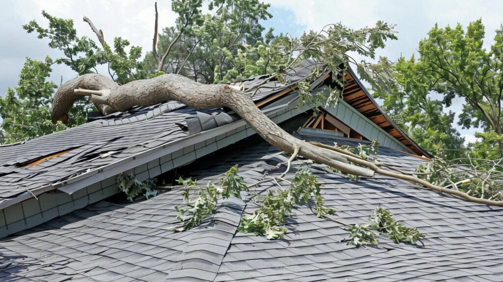 Large tree branch fallen on damaged roof with missing shingles and exposed wood.