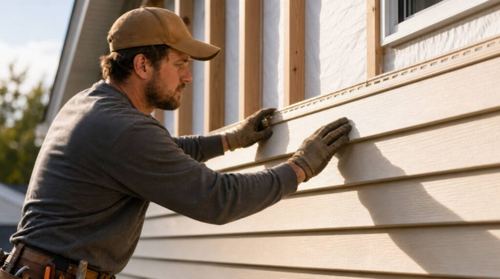 Construction worker installing siding on a house exterior.
