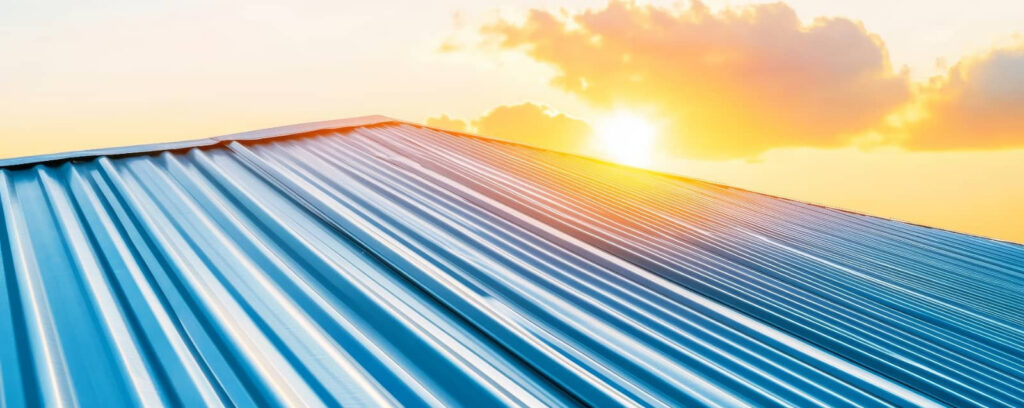 Sunlit corrugated metal roof against a bright sky.