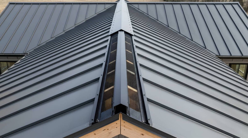 Modern metal roof with a central ridge vent.