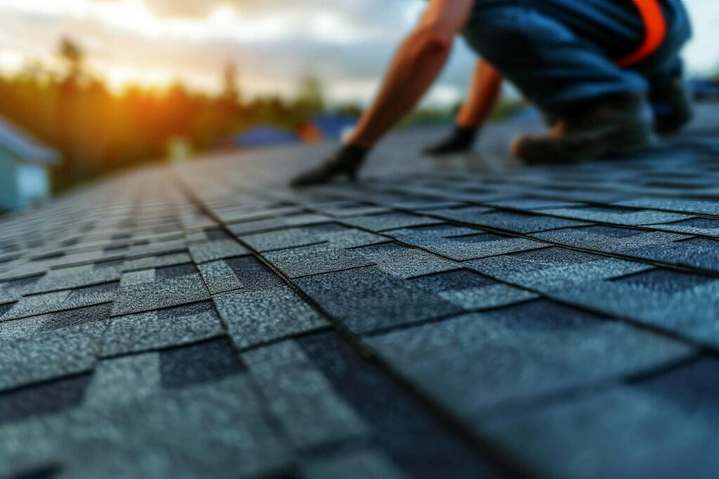 Person working on a roof with asphalt shingles at sunset.