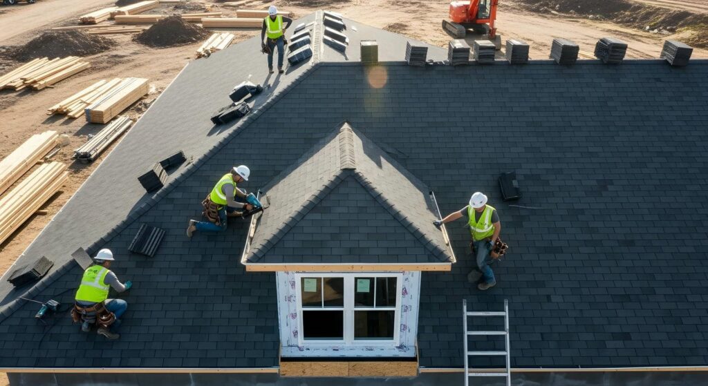 Four construction workers in safety vests and helmets installing shingles on a house roof.