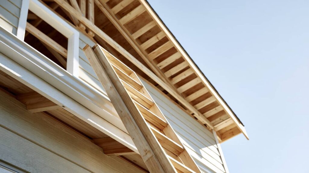 Wooden ladder leaning against the side of a house under a clear sky.