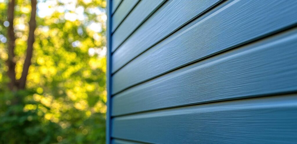 Close-up of blue horizontal siding on a building with blurred green foliage in the background.