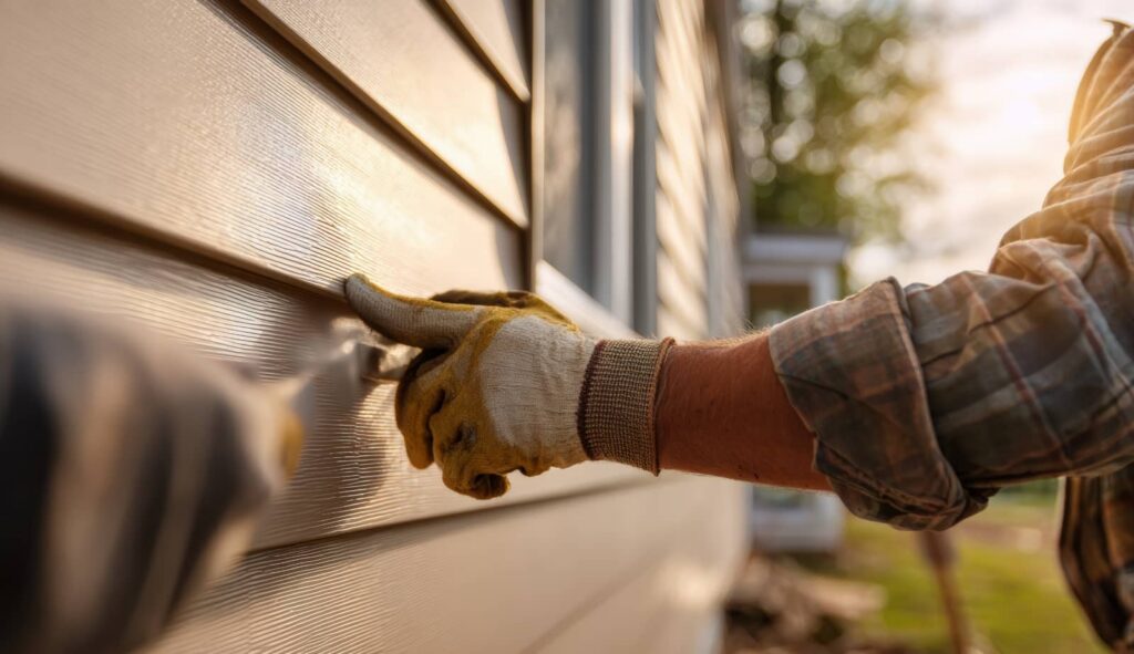 A person wearing work gloves and a plaid shirt installing or inspecting beige vinyl siding on a house.