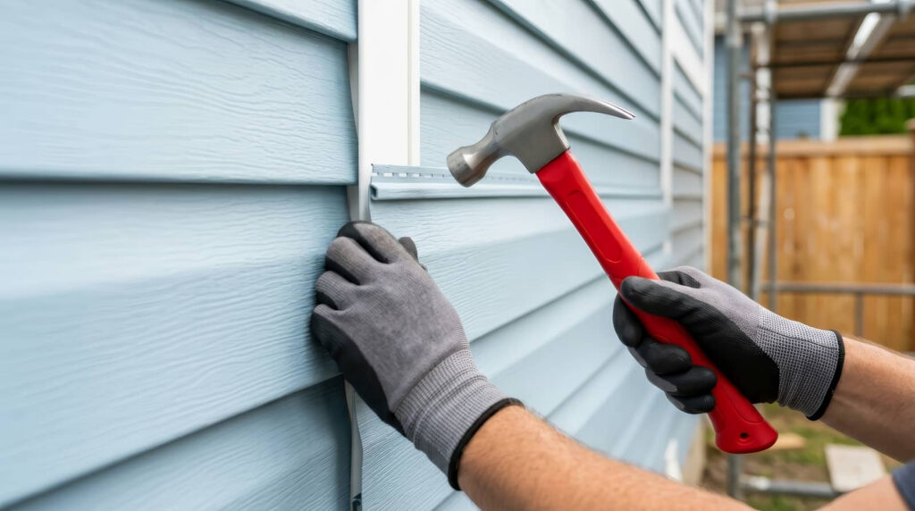Gloved hands installing siding with a hammer.
