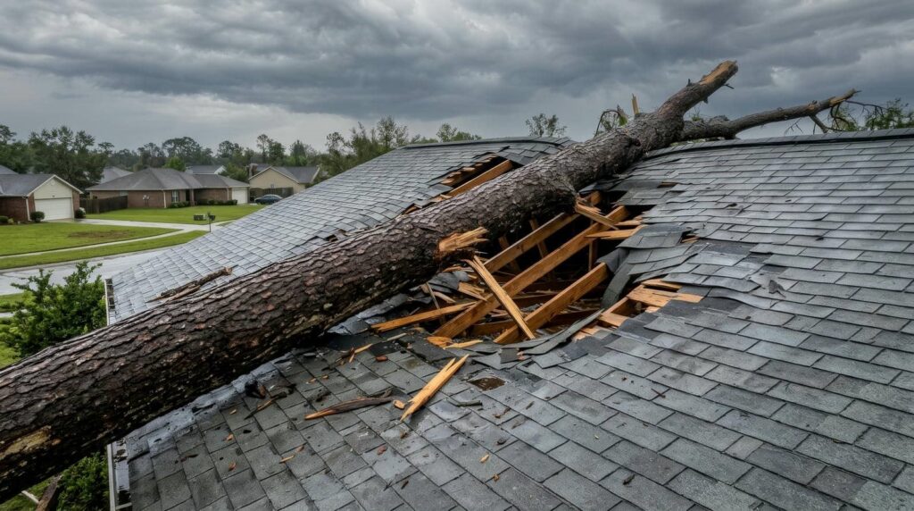 Large fallen tree trunk breaking through a house roof under a cloudy sky.