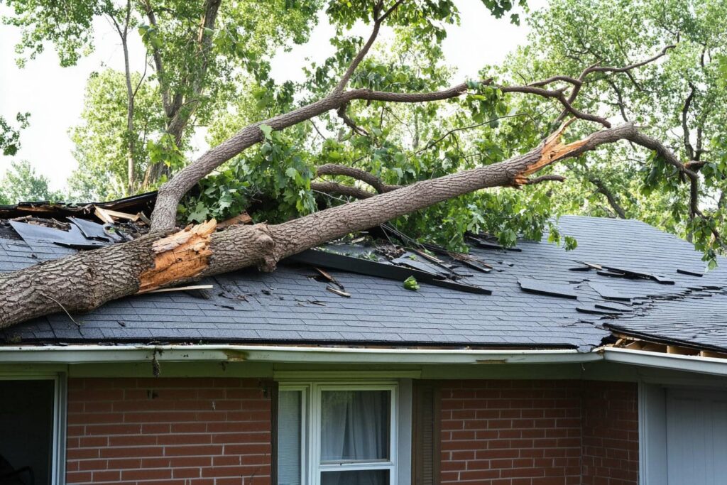 A large broken tree branch lies on a damaged roof of a brick house.