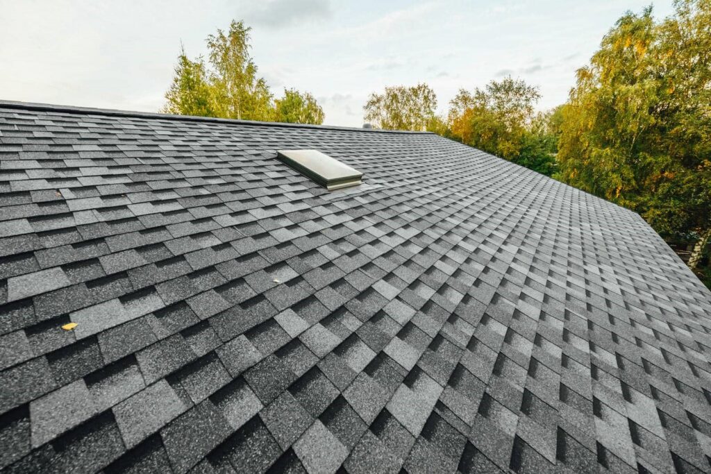 Gray asphalt shingle roof with a skylight surrounded by green trees.