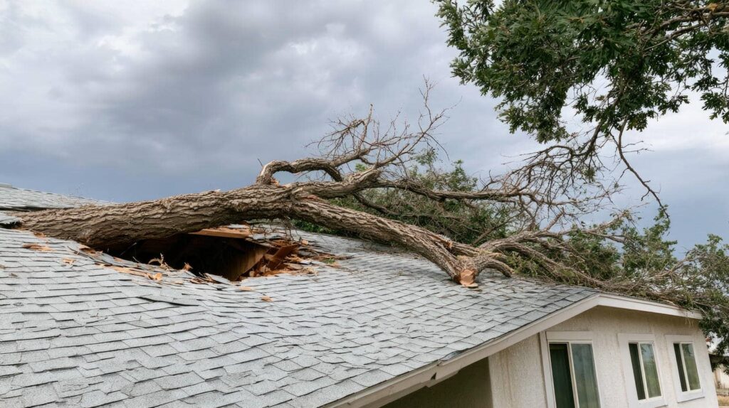 Large tree branch fallen through a house roof, causing a hole and damage to shingles.