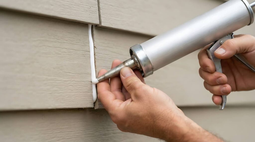 Hands applying white caulk to a gap between beige siding panels using a caulking gun.