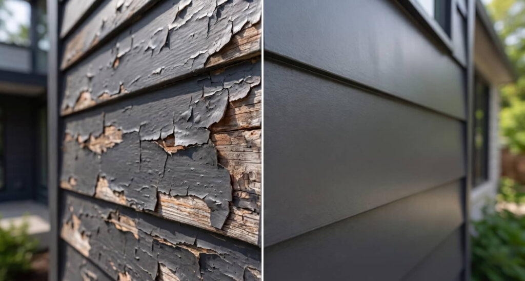 Split view of peeling old siding beside new dark siding on a house.