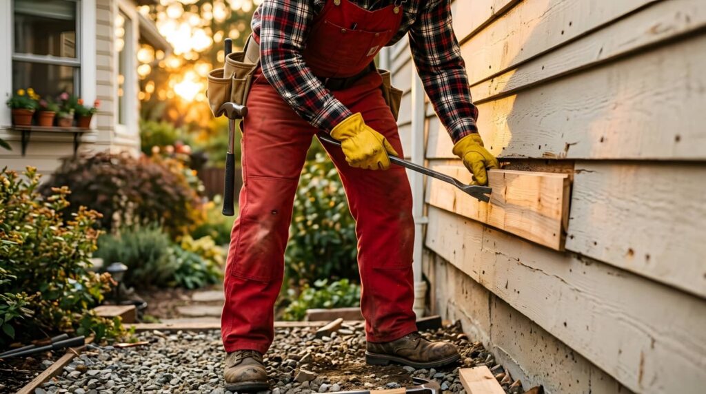 Person in red overalls and yellow gloves prying a wooden board off a house exterior.