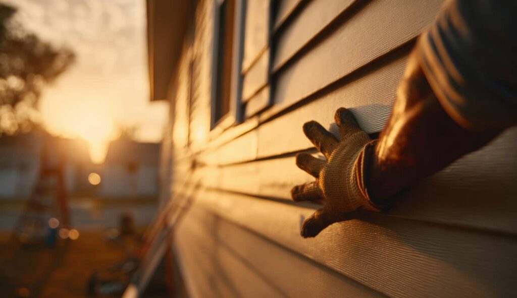 Hand in a work glove touching the siding of a house at sunset.