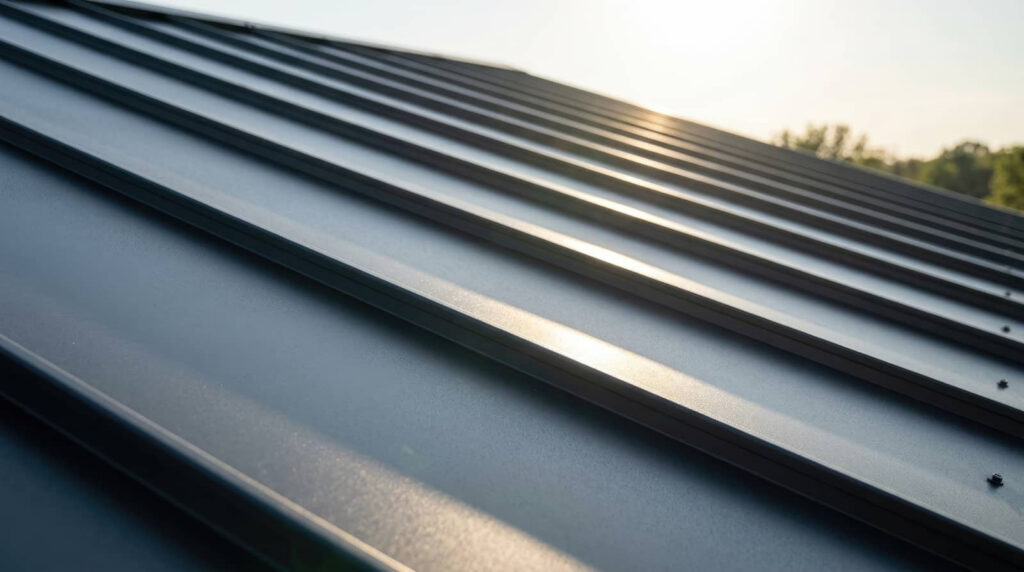 Close-up of a metal roof with sunlight reflecting off the panels.