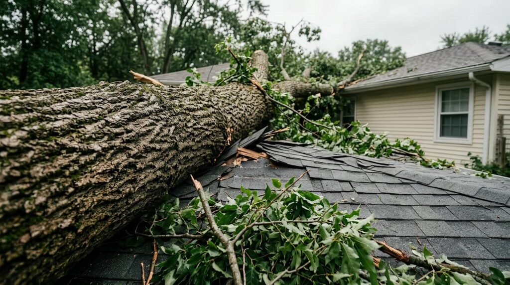 Large fallen tree crushing a house roof with broken shingles and scattered branches.