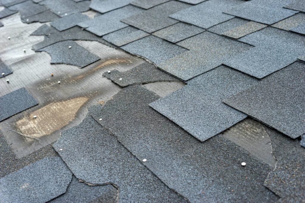 Damaged asphalt shingles on a roof with some missing and lifted pieces.