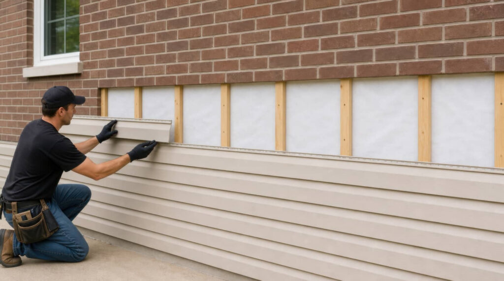 Worker installing siding on a brick house exterior.