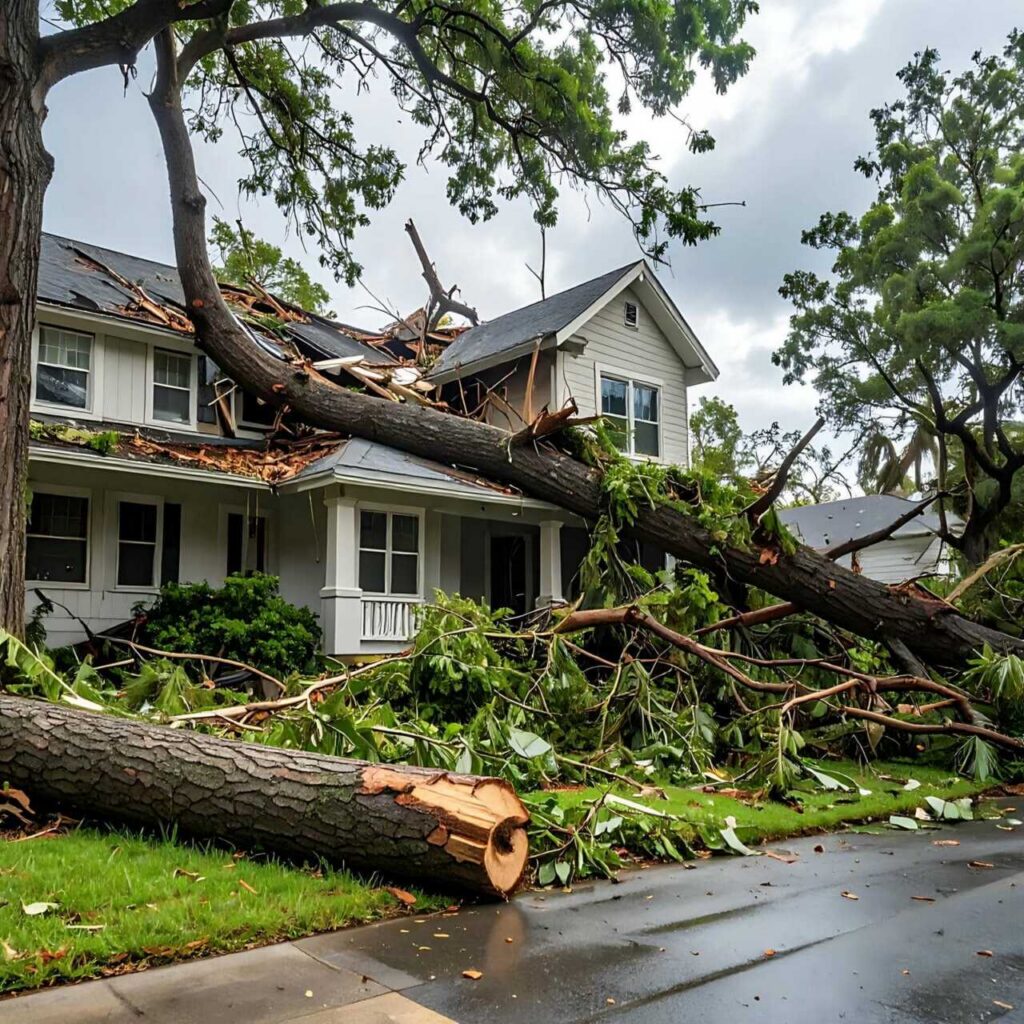 Large fallen tree crushed the roof and yard of a white two-story house after a storm.