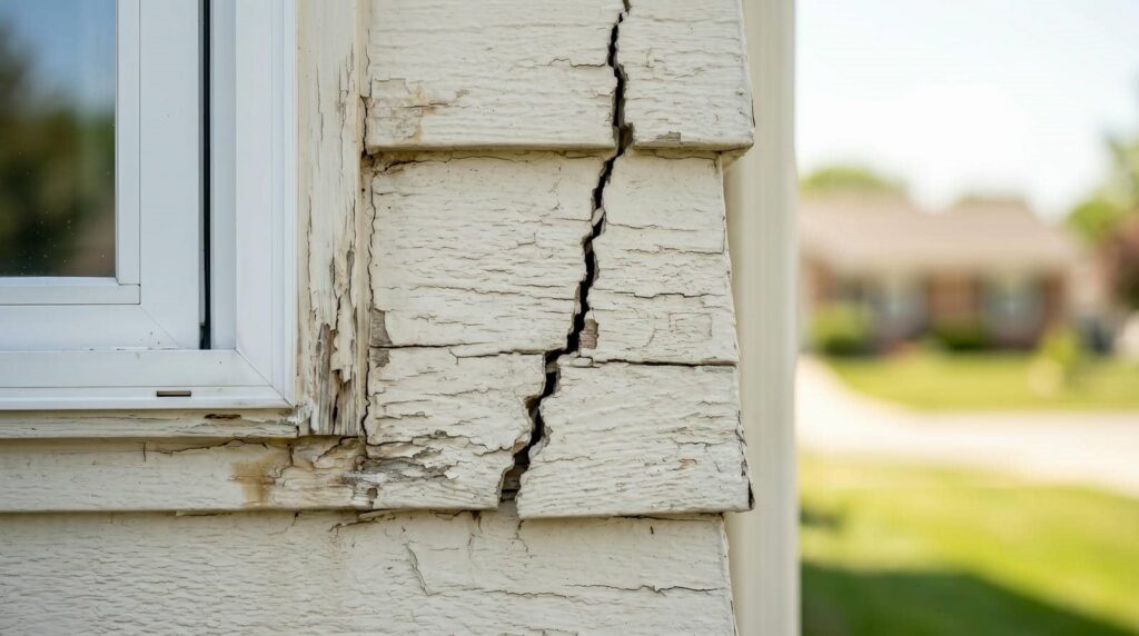 Cracked and peeling paint on the exterior wall near a window frame.