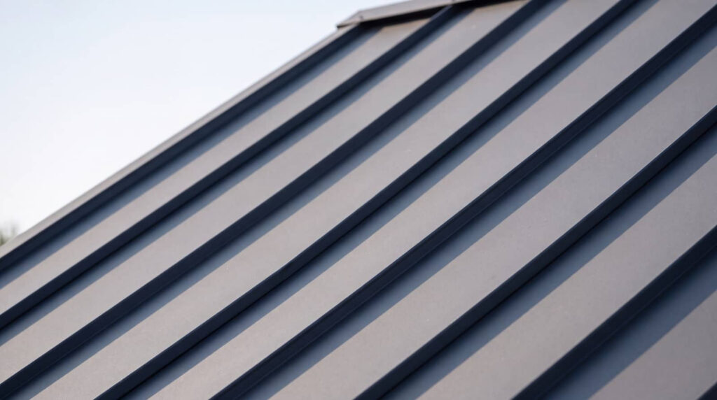 Close-up of a gray metal roof with raised seams.