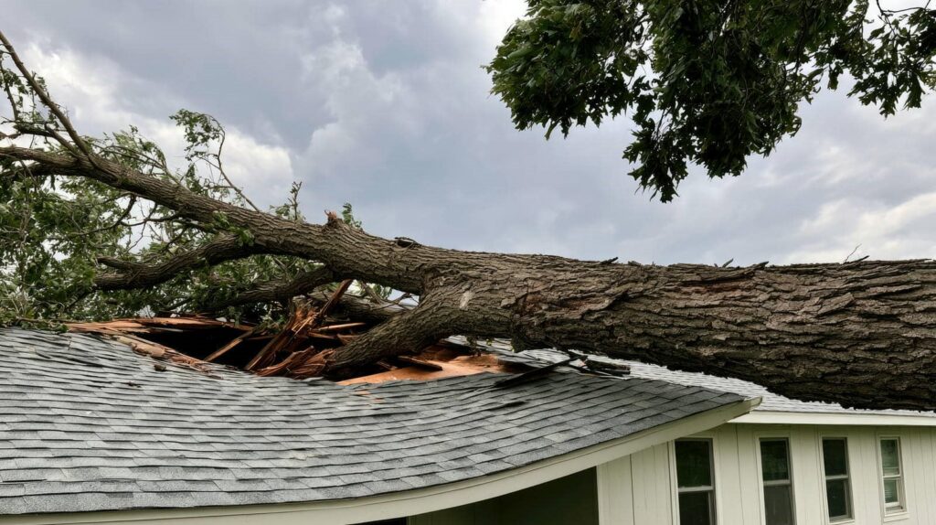 Large fallen tree trunk crushing a house roof, causing significant damage with broken wood and shingles.