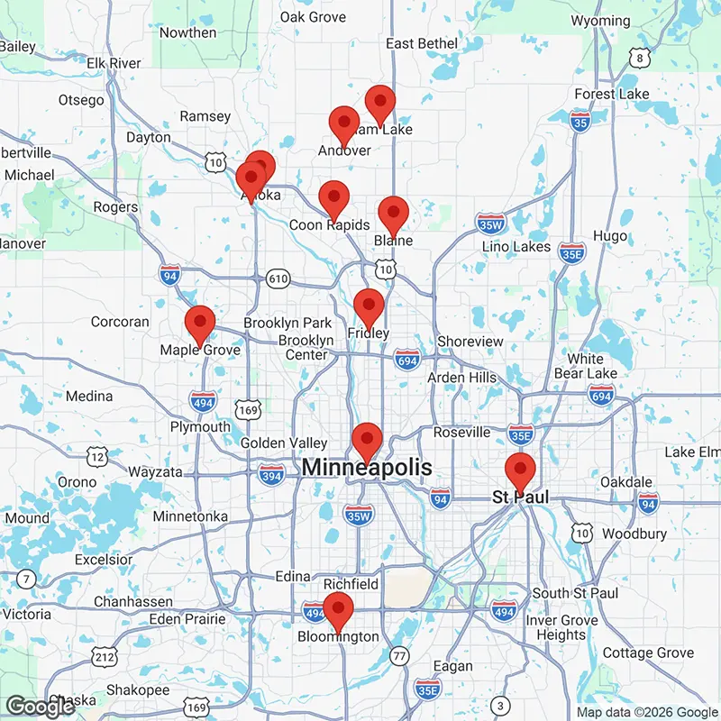 Map showing locations marked in and around Minneapolis and St. Paul, Minnesota.